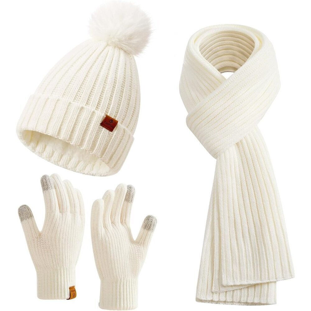 Women’s Winter Hat Scarf Gloves Set Acrylic POM POM Thermal Warm Cozy